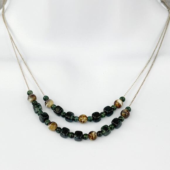 Monet Vintage Green Beaded‎ Double Strand Necklace – 18" Signed Silver-Tone - Picture 1 of 6